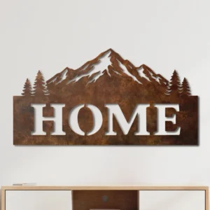 Home Mountain Scene Metal Wall Art, Oversized Rustic Cabin Decor, Optional RGB LED, Housewarming Gift