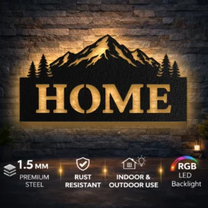 Home Mountain Scene Metal Wall Art, Oversized Rustic Cabin Decor, Optional RGB LED, Housewarming Gift