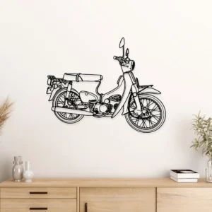 Black metal wall art of a Honda C70 Passport moped silhouette.
