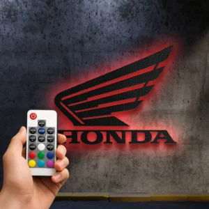 Honda Metal Logo, Iconic Wing Art, RGB LED Garage Decor, Motorcycle Enthusiast Gift