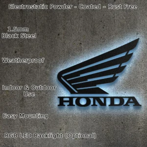 Honda Metal Logo, Iconic Wing Art, RGB LED Garage Decor, Motorcycle Enthusiast Gift
