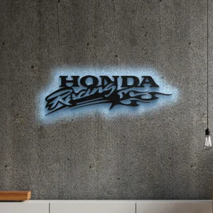 Black metal Honda Racing logo wall art with blue LED backlight.