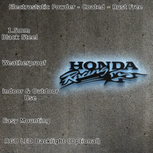 Honda Racing Metal Logo, Dynamic Flame Wall Art, RGB LED Garage Decor, Motorsport Fan Gift