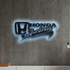 Black metal Honda Racing logo wall art with blue LED backlight.