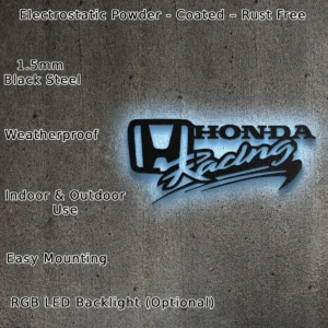 Honda Racing Metal Logo, Dynamic Motorsport Art, RGB LED Garage Sign, Enthusiast Gift