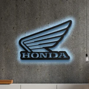 Black metal Honda Wing logo wall art with blue LED backlight.