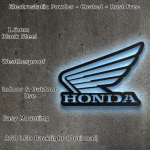 Honda Wing Logo, Legendary Motorcycle Art, Backlit Garage Sign, Rider's Ultimate Gift