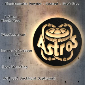 Houston Astros Metal Logo Art, MLB Team Wall Decor, LED Game Day Sign, Baseball Fan Gift