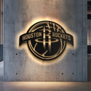 Black metal Houston Rockets logo wall art with bright LED backlight.