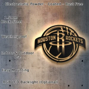 Houston Rockets Metal Logo, Bold NBA Wall Decor, LED Game Day Sign, Die-Hard Fan Gift