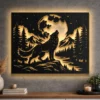Large metal wall art depicting a howling wolf under a full moon in a rustic forest.