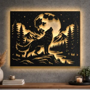 Large metal wall art depicting a howling wolf under a full moon in a rustic forest