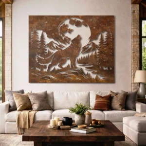 Howling Wolf Metal Art, Oversized Rustic Cabin Decor, Moon and Mountain Landscape, Optional LED Backlight, Wildlife Lover Gift