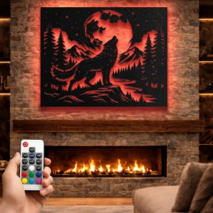 Howling Wolf Metal Art, Oversized Rustic Cabin Decor, Moon and Mountain Landscape, Optional LED Backlight, Wildlife Lover Gift