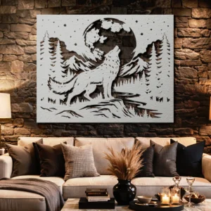 Howling Wolf Metal Art, Oversized Rustic Cabin Decor, Moon and Mountain Landscape, Optional LED Backlight, Wildlife Lover Gift