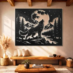 Howling Wolf Metal Art, Oversized Rustic Cabin Decor, Moon and Mountain Landscape, Optional LED Backlight, Wildlife Lover Gift