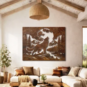 Howling Wolf Metal Art, Oversized Rustic Cabin Decor, Moon and Mountain Landscape, Optional LED Backlight, Wildlife Lover Gift