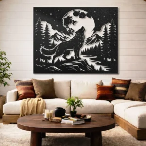 Howling Wolf Metal Art, Oversized Rustic Cabin Decor, Moon and Mountain Landscape, Optional LED Backlight, Wildlife Lover Gift