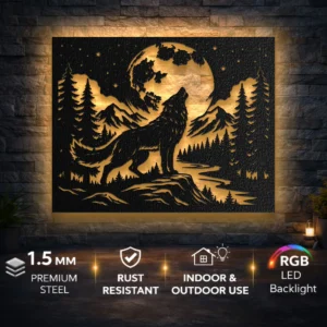 Howling Wolf Metal Art, Oversized Rustic Cabin Decor, Moon and Mountain Landscape, Optional LED Backlight, Wildlife Lover Gift