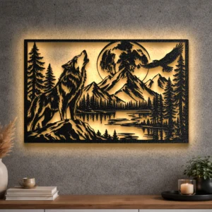 An oversized howling wolf metal wall art with a full moon and mountain lake scene