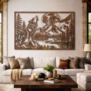 Howling Wolf Metal Art, Oversized Rustic Forest Mountain Lake Decor, Optional RGB LED, Cabin Wall Art, Nature Lover Gift