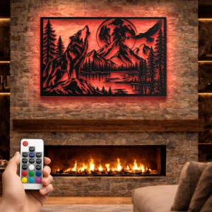 Howling Wolf Metal Art, Oversized Rustic Forest Mountain Lake Decor, Optional RGB LED, Cabin Wall Art, Nature Lover Gift