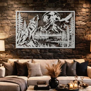 Howling Wolf Metal Art, Oversized Rustic Forest Mountain Lake Decor, Optional RGB LED, Cabin Wall Art, Nature Lover Gift