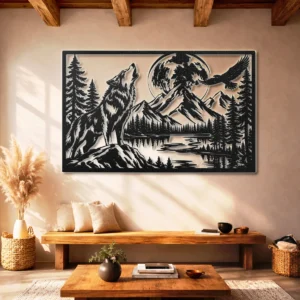 Howling Wolf Metal Art, Oversized Rustic Forest Mountain Lake Decor, Optional RGB LED, Cabin Wall Art, Nature Lover Gift