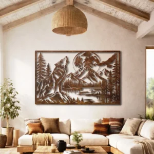 Howling Wolf Metal Art, Oversized Rustic Forest Mountain Lake Decor, Optional RGB LED, Cabin Wall Art, Nature Lover Gift