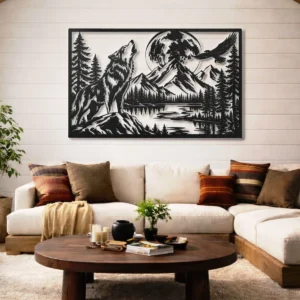 Howling Wolf Metal Art, Oversized Rustic Forest Mountain Lake Decor, Optional RGB LED, Cabin Wall Art, Nature Lover Gift