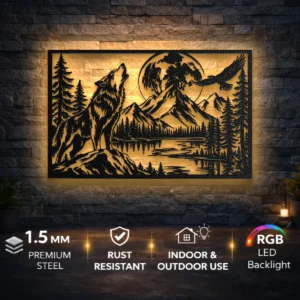 Howling Wolf Metal Art, Oversized Rustic Forest Mountain Lake Decor, Optional RGB LED, Cabin Wall Art, Nature Lover Gift