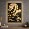 Large howling wolf metal wall art with moon and mountains.