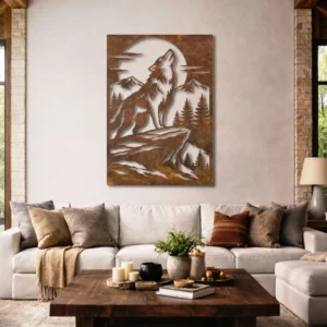 Howling Wolf Metal Wall Art, Large Rustic Forest Scene, Moonlit Backlit LED Option, Cabin Home Decor Gift