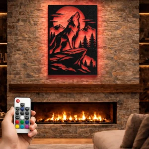 Howling Wolf Metal Wall Art, Large Rustic Forest Scene, Moonlit Backlit LED Option, Cabin Home Decor Gift