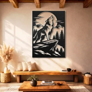 Howling Wolf Metal Wall Art, Large Rustic Forest Scene, Moonlit Backlit LED Option, Cabin Home Decor Gift
