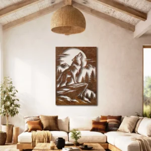 Howling Wolf Metal Wall Art, Large Rustic Forest Scene, Moonlit Backlit LED Option, Cabin Home Decor Gift