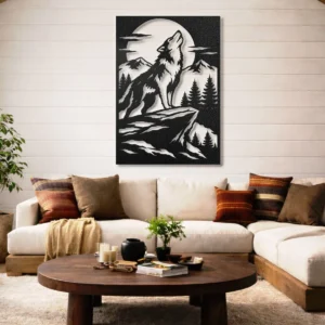 Howling Wolf Metal Wall Art, Large Rustic Forest Scene, Moonlit Backlit LED Option, Cabin Home Decor Gift