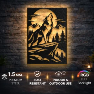 Howling Wolf Metal Wall Art, Large Rustic Forest Scene, Moonlit Backlit LED Option, Cabin Home Decor Gift