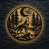 A large rustic metal wall art featuring a howling wolf under a crescent moon and star.