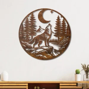 Howling Wolf Metal Wall Art, Oversized Rustic Forest Decor, Night Sky Sign, Optional RGB LED, Nature Lover Gift