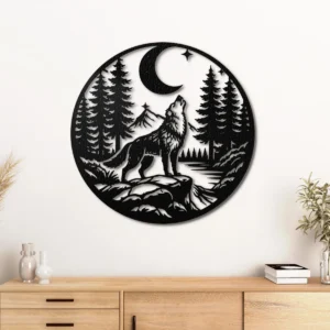 Howling Wolf Metal Wall Art, Oversized Rustic Forest Decor, Night Sky Sign, Optional RGB LED, Nature Lover Gift