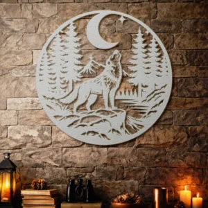 Howling Wolf Metal Wall Art, Oversized Rustic Forest Decor, Night Sky Sign, Optional RGB LED, Nature Lover Gift