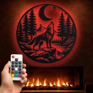 Howling Wolf Metal Wall Art, Oversized Rustic Forest Decor, Night Sky Sign, Optional RGB LED, Nature Lover Gift