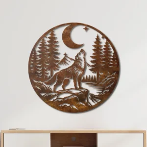 Howling Wolf Metal Wall Art, Oversized Rustic Forest Decor, Night Sky Sign, Optional RGB LED, Nature Lover Gift