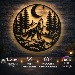 Howling Wolf Metal Wall Art, Oversized Rustic Forest Decor, Night Sky Sign, Optional RGB LED, Nature Lover Gift