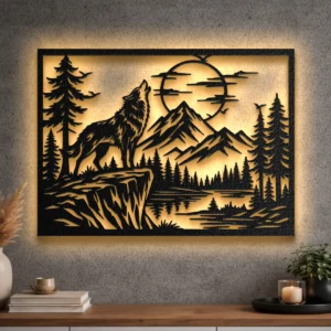A large howling wolf metal wall art piece with a rustic finish illuminated by optional LED lighting