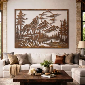 Howling Wolf Metal Wall Art, Oversized Rustic Forest Scene Decor, Optional RGB LED, Nature Lover Gift