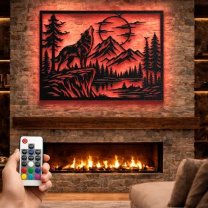 Howling Wolf Metal Wall Art, Oversized Rustic Forest Scene Decor, Optional RGB LED, Nature Lover Gift