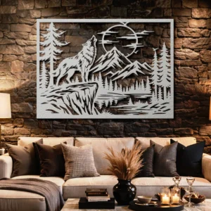 Howling Wolf Metal Wall Art, Oversized Rustic Forest Scene Decor, Optional RGB LED, Nature Lover Gift