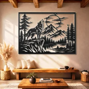 Howling Wolf Metal Wall Art, Oversized Rustic Forest Scene Decor, Optional RGB LED, Nature Lover Gift